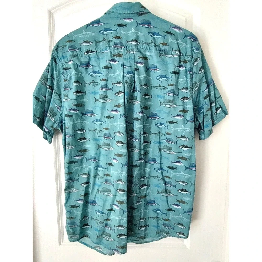 Eddie‎ Bauer Shirt Men's Large Teal Allover Fish Print Cotton Short Sleeve - Picture 2 of 6